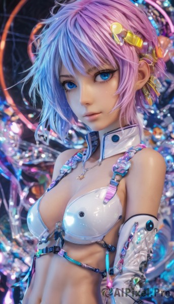 1girl,solo,breasts,looking at viewer,short hair,bangs,blue eyes,hair ornament,navel,cleavage,bare shoulders,jewelry,medium breasts,closed mouth,blue hair,swimsuit,upper body,pink hair,bikini,multicolored hair,small breasts,parted lips,detached sleeves,necklace,lips,eyelashes,gradient hair,detached collar,bikini top only,science fiction,realistic,cyborg,earrings,elbow gloves,artist name,stomach,blurry,collar,watermark,white bikini,piercing,pendant,nose,cable,cyberpunk