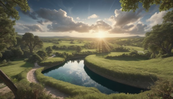 outdoors,sky,day,cloud,water,tree,blue sky,no humans,bird,sunlight,cloudy sky,grass,nature,scenery,forest,reflection,sunset,light rays,mountain,sun,horizon,road,bridge,river,landscape,lake,hill,plant,bush,sunbeam,path,sunrise