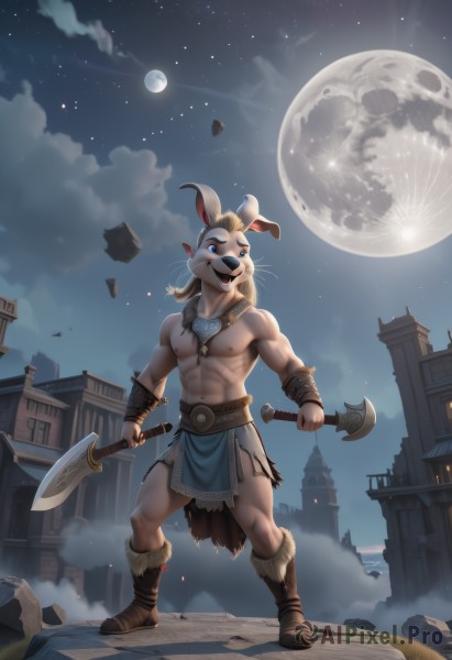 solo,smile,open mouth,blue eyes,blonde hair,1boy,navel,holding,animal ears,jewelry,nipples,standing,tail,full body,weapon,male focus,boots,outdoors,sky,teeth,artist name,cloud,necklace,holding weapon,rabbit ears,muscular,night,fangs,watermark,brown footwear,abs,moon,pectorals,muscular male,building,star (sky),night sky,bara,pelvic curtain,furry,full moon,starry sky,dual wielding,topless male,furry male,axe,body fur,white fur,loincloth,holding axe,belt,sword,mask,holding sword,leather boots