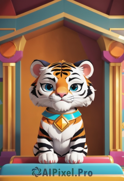 solo,looking at viewer,blue eyes,closed mouth,full body,indoors,collar,no humans,bell,animal,cat,animal focus,white fur,straight-on,whiskers,tiger,year of the tiger,jewelry,artist name,watermark,gem,web address,white tiger