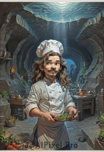 solo,long hair,looking at viewer,smile,blue eyes,brown hair,1boy,hat,holding,standing,male focus,food,indoors,water,apron,buttons,fruit,facial hair,scar,plant,waist apron,beard,sleeves rolled up,fish,bowl,mustache,tiles,candle,carrot,vegetable,chef hat,chef,soup,cowboy shot,white headwear,wavy hair,mouth hold,bottle,fantasy,goatee,mushroom,cooking,kitchen,jar,tomato,arch,barrel,lettuce,potato,onion