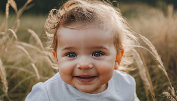 1girl,solo,looking at viewer,smile,short hair,open mouth,blue eyes,blonde hair,brown hair,shirt,white shirt,upper body,blurry,lips,blurry background,child,portrait,realistic,1boy,male focus,outdoors,teeth,grey eyes,depth of field,grass,wheat