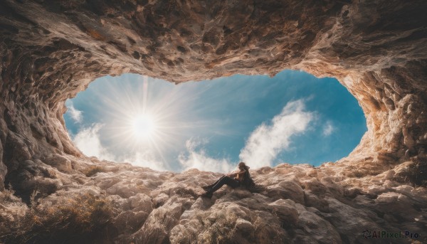 solo, 1boy, sitting, male focus, outdoors, sky, day, cloud, sunlight, scenery, rock, sun