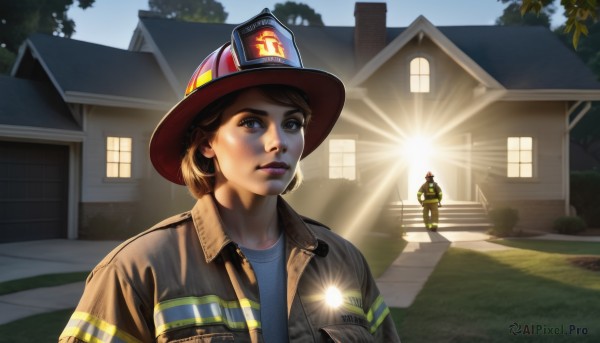 1girl,short hair,blonde hair,brown hair,shirt,1boy,hat,brown eyes,jacket,upper body,outdoors,sky,solo focus,day,tree,lips,window,parody,sunlight,helmet,grass,blue shirt,building,baseball cap,red headwear,brown jacket,realistic,nose,sun,house,flashlight,looking at viewer,blue eyes,standing,signature,hair bun,makeup,single hair bun,thick eyebrows,lipstick,backlighting