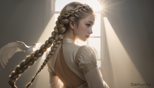 1girl,solo,long hair,blue eyes,blonde hair,long sleeves,dress,brown eyes,closed mouth,upper body,braid,puffy sleeves,indoors,from behind,white dress,twin braids,lips,grey eyes,window,profile,bird,animal,back,looking away,sunlight,curtains,backlighting,light rays,backless outfit,nose,light,backless dress,sunbeam,back cutout,dove,multiple braids,twintails,grey hair,parted lips,wings,eyelashes,realistic,crown braid