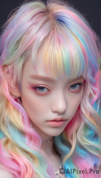 1girl,solo,long hair,looking at viewer,bangs,blue eyes,blonde hair,simple background,jewelry,closed mouth,blue hair,pink hair,multicolored hair,earrings,choker,necklace,lips,streaked hair,grey eyes,eyelashes,gradient hair,makeup,wavy hair,lipstick,portrait,eyeshadow,realistic,nose,red lips,eyeliner,mascara,rainbow hair,artist name