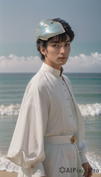 1girl,solo,looking at viewer,short hair,black hair,long sleeves,1boy,brown eyes,jewelry,closed mouth,standing,white shirt,male focus,cowboy shot,earrings,outdoors,sky,day,belt,cloud,dark skin,water,blurry,black eyes,blue sky,lips,buttons,blurry background,ocean,beach,helmet,androgynous,realistic,horizon,bangs,white dress,from side,dark-skinned female,looking to the side,mask,robe,nose,mask on head