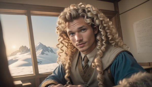 solo,long hair,looking at viewer,smile,blue eyes,blonde hair,shirt,long sleeves,1boy,upper body,male focus,necktie,collared shirt,indoors,blurry,vest,lips,fur trim,window,facial hair,scar,black necktie,beard,curly hair,mountain,realistic,nose,ringlets,brown necktie,jewelry,closed mouth,white shirt,necklace,wavy hair,sunlight,cross,blurry foreground,yellow necktie