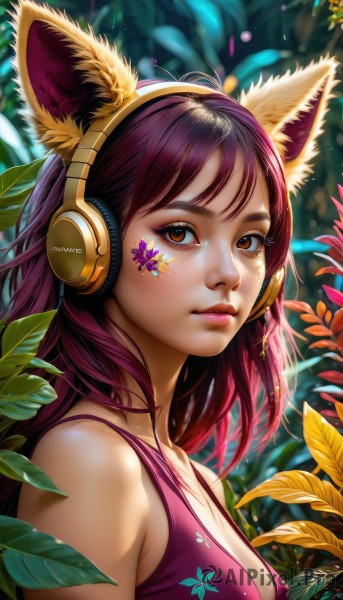 1girl,solo,long hair,breasts,looking at viewer,bangs,animal ears,cleavage,bare shoulders,brown eyes,medium breasts,closed mouth,upper body,purple hair,small breasts,artist name,cat ears,signature,blurry,from side,lips,fox ears,eyelashes,tattoo,makeup,fake animal ears,headphones,leaf,facial mark,tank top,plant,lipstick,portrait,freckles,pink lips,realistic,nose,animal ear headphones,cat ear headphones,shirt,collarbone,flower,outdoors,sleeveless,day,shiny,star (symbol),bra,orange eyes,depth of field,blurry background,sunlight,nature,eyeshadow,light rays,strap gap,eyeliner,star print,facepaint,sunbeam,dappled sunlight,mascara,sticker