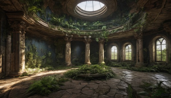 outdoors,day,indoors,tree,no humans,window,sunlight,grass,plant,scenery,stairs,door,ruins,vines,pillar,arch,moss,overgrown,column,fantasy