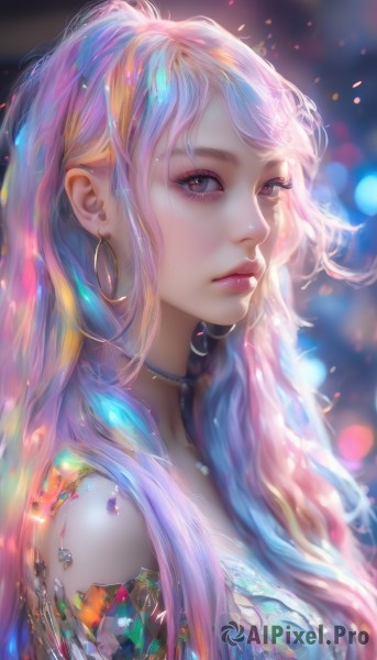 1girl,solo,long hair,looking at viewer,bangs,bare shoulders,brown eyes,jewelry,closed mouth,upper body,pink hair,multicolored hair,earrings,choker,blurry,from side,lips,eyelashes,makeup,blurry background,eyeshadow,hoop earrings,realistic,nose,breasts,blonde hair,blue hair,purple hair,artist name,looking to the side,grey eyes,gradient hair,depth of field,gem,portrait,light particles,lens flare,pink lips,bokeh,mascara,rainbow hair