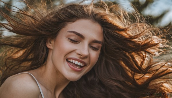 1girl,solo,long hair,smile,open mouth,brown hair,bare shoulders,closed eyes,teeth,blurry,lips,floating hair,blurry background,portrait,facing viewer,realistic,nose,upper body,:d,happy,thick eyebrows,spaghetti strap,laughing