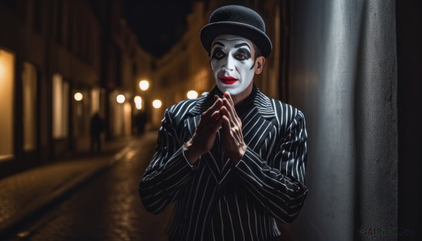 1girl,solo,looking at viewer,smile,shirt,black hair,gloves,long sleeves,1boy,hat,jacket,upper body,male focus,outdoors,necktie,striped,blurry,black eyes,black jacket,black headwear,makeup,mask,night,blurry background,parody,formal,own hands together,suit,lipstick,red lips,pinstripe pattern,fedora,striped jacket,clown,pinstripe suit,brown eyes,pale skin