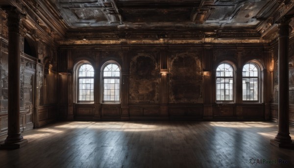 day,indoors,no humans,window,shadow,sunlight,scenery,light rays,wooden floor,stairs,door,light,architecture,ruins,pillar,hallway,church,arch,chandelier,column,fantasy,floor,reflective floor