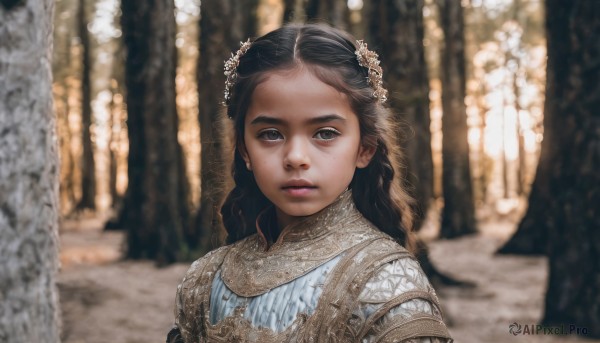 1girl,solo,long hair,looking at viewer,brown hair,black hair,hair ornament,brown eyes,jewelry,closed mouth,upper body,flower,earrings,outdoors,hair flower,armor,mole,blurry,black eyes,lips,depth of field,blurry background,freckles,realistic,church,chainmail,dress,expressionless,portrait,forehead