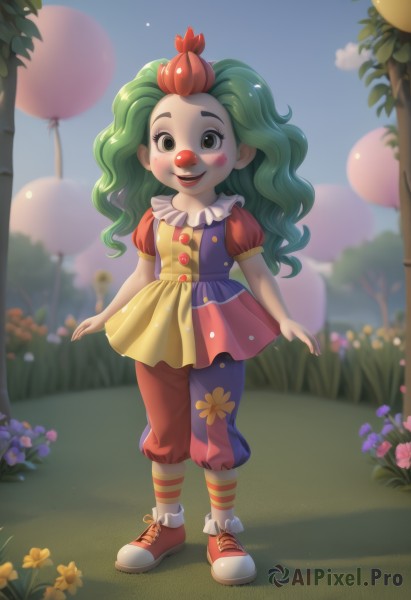 1girl,solo,long hair,looking at viewer,blush,smile,open mouth,hair ornament,dress,green eyes,standing,full body,flower,short sleeves,outdoors,green hair,sky,shoes,teeth,day,socks,striped,puffy sleeves,blurry,tree,puffy short sleeves,blurry background,grass,red footwear,sneakers,child,multicolored clothes,personification,red lips,female child,facepaint,balloon,clown,red hair,multicolored hair,artist name,two-tone hair,blush stickers,elephant