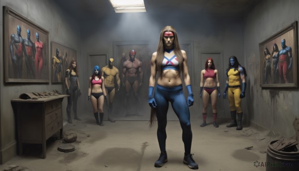 long hair,breasts,multiple girls,blonde hair,large breasts,brown hair,black hair,gloves,navel,medium breasts,boots,multiple boys,shoes,midriff,pants,indoors,dark skin,4girls,bodysuit,mask,muscular,6+girls,abs,helmet,sneakers,sports bra,mirror,muscular female,blue gloves,shirt,2girls,weapon,shorts,3girls,hood,cape,crop top,glowing,facial hair,tank top,crossover,skin tight,6+boys,height difference,realistic,bald,fat,superhero,poster (object)