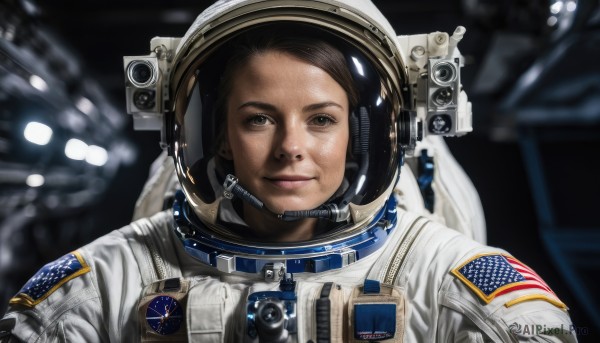 1girl,solo,looking at viewer,smile,brown hair,black hair,1boy,brown eyes,closed mouth,upper body,male focus,blurry,lips,depth of field,blurry background,helmet,science fiction,realistic,space,american flag,spacesuit,astronaut,portrait,reflection,planet,earth (planet),spacecraft,japanese flag,space helmet