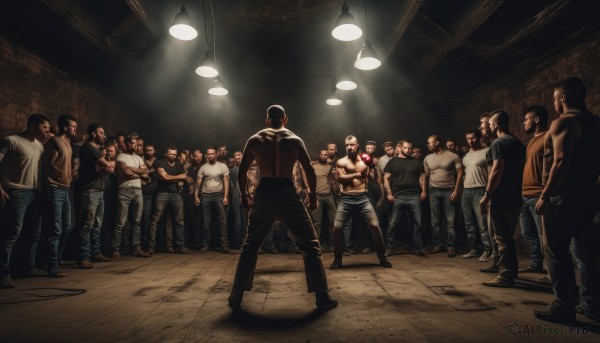 shirt,black hair,standing,male focus,multiple boys,sleeveless,pants,indoors,tattoo,muscular,black pants,crossed arms,tank top,denim,muscular male,t-shirt,6+boys,jeans,realistic,light,bald,ceiling,ceiling light,multiple girls,hat,boots,facial hair,beard,topless male