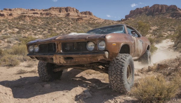 outdoors,sky,day,cloud,blue sky,no humans,shadow,grass,ground vehicle,scenery,motor vehicle,rock,mountain,realistic,car,road,vehicle focus,desert,wheel,truck,tire,dust,sports car