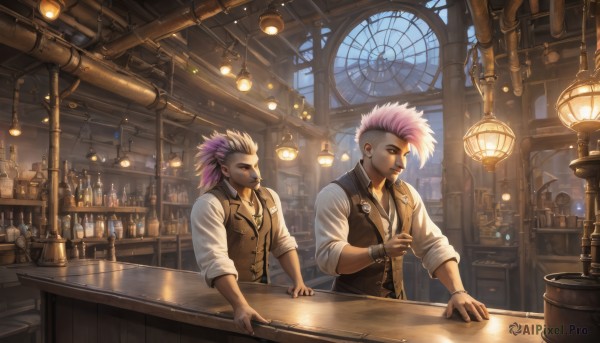 smile,short hair,shirt,long sleeves,jewelry,closed mouth,standing,white shirt,pink hair,purple hair,white hair,male focus,multicolored hair,earrings,multiple boys,necktie,collared shirt,indoors,dark skin,2boys,necklace,looking at another,vest,bracelet,two-tone hair,cup,window,dress shirt,facial hair,piercing,table,dark-skinned male,bottle,plant,spiked hair,ear piercing,light particles,sleeves rolled up,drinking glass,watch,black vest,clock,wristwatch,light,lamp,undercut,shelf,brown vest,bar (place),lights,mohawk,counter,ceiling light,lip piercing,chandelier,bartender,grey hair,signature,tattoo,wristband,black nails,scenery,beard,bald,facial tattoo