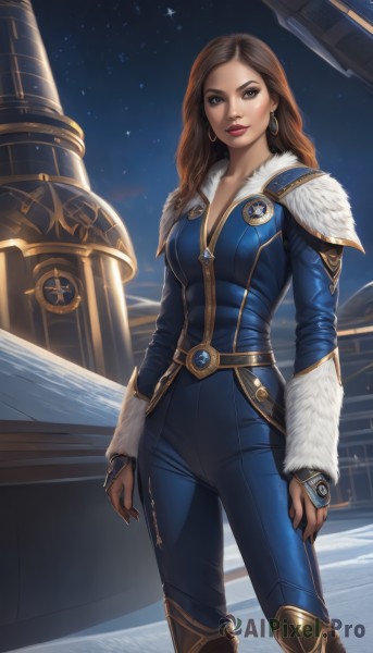 1girl,solo,long hair,breasts,looking at viewer,blue eyes,brown hair,long sleeves,cleavage,brown eyes,jewelry,medium breasts,standing,earrings,boots,outdoors,sky,belt,pants,lips,fur trim,bodysuit,makeup,night,lipstick,star (sky),night sky,bridal gauntlets,starry sky,hoop earrings,nose,arms at sides,red lips,parted lips,artist name,nail polish,realistic,tower