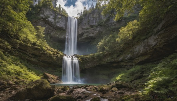 A waterfall surrounded by a serene day