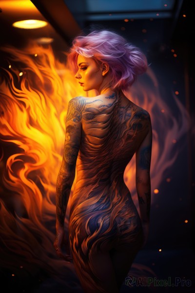 1girl,solo,looking at viewer,short hair,standing,pink hair,purple hair,ass,nude,cowboy shot,looking back,artist name,from behind,lips,tattoo,profile,makeup,back,fire,nose,arms at sides,arm tattoo,flame,embers,back tattoo,burning,full-body tattoo,hair bun,single hair bun,realistic