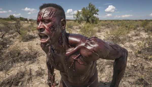 solo,open mouth,black hair,1boy,male focus,outdoors,sky,teeth,day,cloud,dark skin,tree,blue sky,blood,muscular,dark-skinned male,science fiction,veins,realistic,bald,dirty,short hair,grass,topless male,very short hair