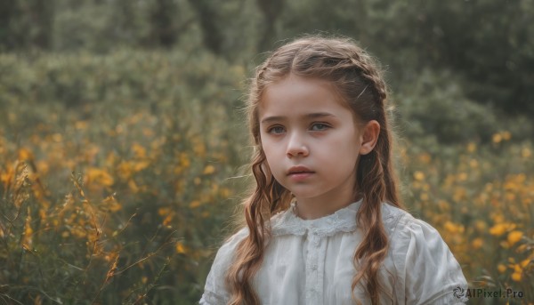 1girl,solo,long hair,looking at viewer,blue eyes,brown hair,shirt,dress,white shirt,upper body,flower,outdoors,parted lips,white dress,blurry,tree,lips,depth of field,blurry background,wavy hair,plant,nature,freckles,realistic,day,signature,expressionless,sunlight,portrait,forest