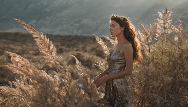 1girl,solo,long hair,breasts,brown hair,dress,bare shoulders,standing,small breasts,outdoors,sky,sleeveless,cloud,white dress,blurry,from side,lips,bare arms,profile,sleeveless dress,depth of field,blurry background,own hands together,plant,nature,scenery,realistic,field,wheat,closed eyes,wings,day,sunlight