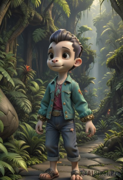 solo,smile,brown hair,shirt,black hair,long sleeves,1boy,brown eyes,jewelry,standing,jacket,full body,male focus,outdoors,open clothes,belt,pants,necklace,open jacket,tree,sandals,sunlight,plant,denim,child,nature,furry,forest,furry male,male child,bracelet,torn clothes,leaf,jeans