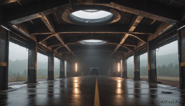 outdoors,sky,day,cloud,indoors,water,tree,no humans,window,sunlight,building,nature,scenery,forest,reflection,science fiction,rain,pillar,puddle,ground vehicle,sign,train station