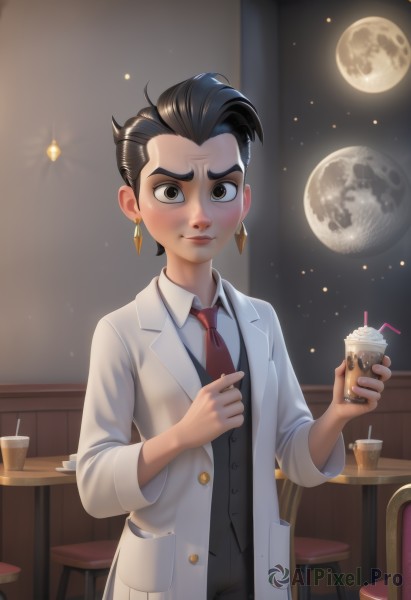 1girl,solo,looking at viewer,blush,smile,short hair,shirt,black hair,long sleeves,1boy,holding,brown eyes,jewelry,closed mouth,white shirt,earrings,necktie,collared shirt,pants,artist name,indoors,vest,cup,lips,night,chair,black pants,formal,moon,thick eyebrows,suit,red necktie,holding cup,full moon,drinking glass,black vest,drinking straw,drink,labcoat,hair slicked back,standing,male focus,table,night sky,disposable cup