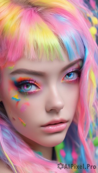 1girl,solo,long hair,looking at viewer,bangs,blue eyes,blonde hair,closed mouth,blue hair,pink hair,multicolored hair,artist name,blunt bangs,blurry,two-tone hair,lips,eyelashes,makeup,depth of field,watermark,lipstick,portrait,web address,close-up,eyeshadow,pink lips,multicolored eyes,realistic,nose,eyeliner,facepaint,colorful,mascara,paint splatter,paint,rainbow hair,gradient hair