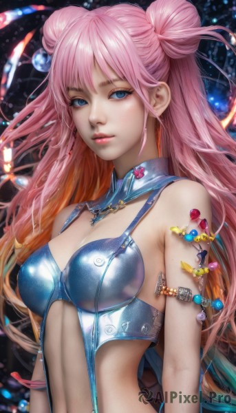 1girl,solo,long hair,breasts,looking at viewer,bangs,blue eyes,hair ornament,navel,cleavage,bare shoulders,jewelry,medium breasts,upper body,pink hair,multicolored hair,parted lips,shiny,hair bun,lips,double bun,tattoo,gradient hair,makeup,armlet,realistic,closed mouth,earrings,midriff,orange hair,eyelashes,detached collar,gem,nose