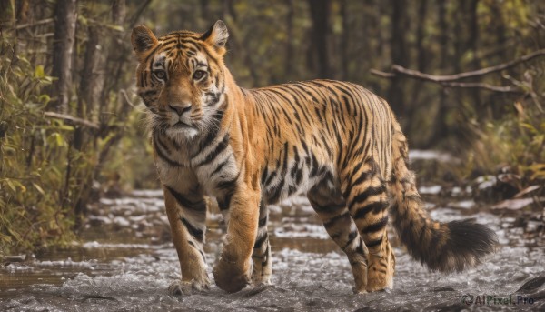 solo,looking at viewer,full body,outdoors,day,signature,blurry,tree,no humans,depth of field,blurry background,animal,plant,nature,forest,realistic,branch,chinese zodiac,animal focus,tiger,2022,year of the tiger,water,all fours,rock,bamboo,bamboo forest