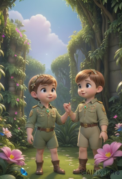 smile,short hair,open mouth,brown hair,shirt,brown eyes,jewelry,standing,flower,male focus,hairband,boots,outdoors,multiple boys,sky,shorts,day,belt,cloud,2boys,looking at another,uniform,bracelet,tree,blue sky,military,military uniform,holding hands,siblings,brown footwear,cloudy sky,grass,bug,plant,butterfly,child,nature,interlocked fingers,sleeves rolled up,forest,green shirt,male child,full body,tiara,fantasy,brothers