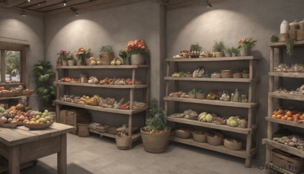 flower,food,indoors,no humans,fruit,bottle,plant,scenery,plate,apple,basket,potted plant,carrot,bread,shelf,orange (fruit),food focus,tomato,vegetable,potato,corn,onion,radish,groceries,table,box,bowl,light,kitchen,banana,ceiling,ceiling light