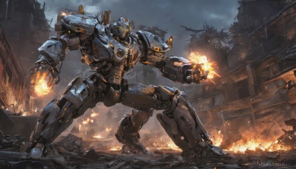 solo,standing,outdoors,sky,cloud,military,no humans,glowing,fire,robot,building,clenched hand,mecha,glowing eyes,smoke,science fiction,city,realistic,military vehicle,ruins,damaged,firing,debris,embers,super robot,motor vehicle,aircraft,battle,explosion,burning,sparks