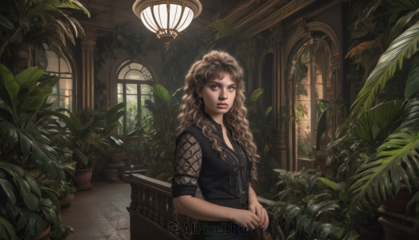 1girl,solo,long hair,breasts,looking at viewer,brown hair,dress,brown eyes,upper body,short sleeves,indoors,signature,vest,black dress,lips,dutch angle,window,makeup,leaf,wavy hair,chair,sunlight,plant,lipstick,curly hair,potted plant,arch,blonde hair,jewelry,own hands together,scenery,lamp