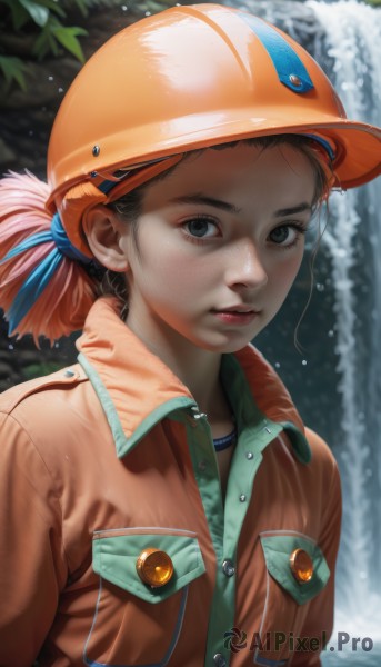 1girl,solo,looking at viewer,brown hair,shirt,ribbon,closed mouth,jacket,hair ribbon,upper body,ponytail,outdoors,day,artist name,water,blurry,black eyes,lips,wet,buttons,blurry background,leaf,helmet,blue ribbon,freckles,pocket,water drop,realistic,nose,breast pocket,badge,waterfall,orange jacket,short hair,black hair,grey eyes,eyelashes,brown jacket,jumpsuit