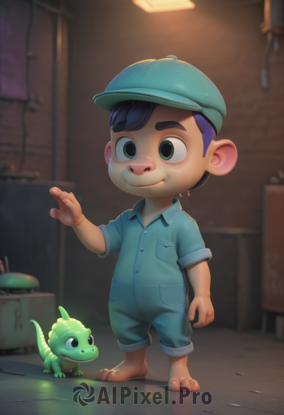 smile,short hair,shirt,black hair,1boy,hat,closed mouth,green eyes,standing,tail,full body,purple hair,short sleeves,male focus,barefoot,collared shirt,indoors,blurry,black eyes,blurry background,thick eyebrows,blue shirt,child,blue headwear,freckles,male child,solo,blue hair,web address,realistic,lamp