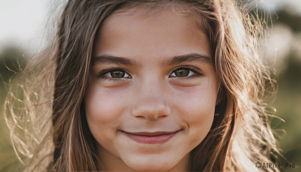 1girl,solo,long hair,looking at viewer,smile,brown hair,brown eyes,closed mouth,blurry,lips,depth of field,blurry background,portrait,close-up,realistic,nose,artist name,eyelashes,messy hair