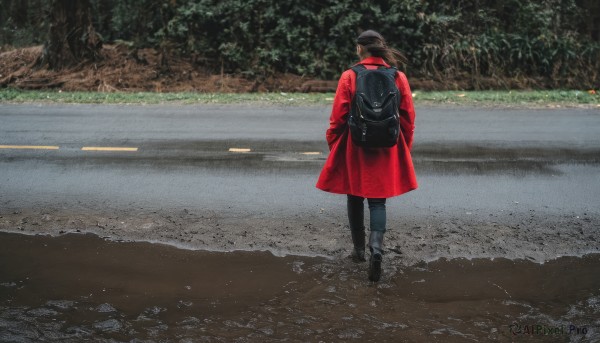 solo,short hair,brown hair,black hair,long sleeves,1boy,hat,standing,jacket,male focus,outdoors,shoes,day,pants,bag,from behind,black footwear,tree,coat,black headwear,black pants,backpack,denim,nature,scenery,red jacket,walking,jeans,hands in pockets,beanie,facing away,road,wide shot,red coat,photo background,long hair,water,beach,baseball cap,sand