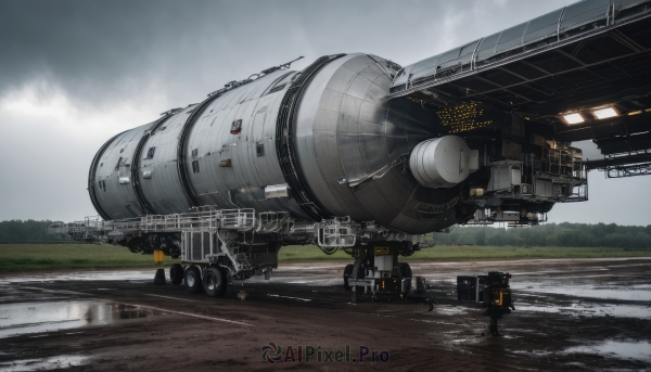 outdoors,sky,cloud,no humans,cloudy sky,scenery,science fiction,realistic,aircraft,vehicle focus,fog,spacecraft,day,water,tree,ground vehicle,grey sky