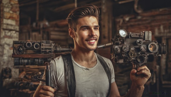 solo,looking at viewer,smile,open mouth,brown hair,shirt,1boy,holding,white shirt,upper body,weapon,short sleeves,male focus,teeth,bag,grin,blurry,gun,depth of field,blurry background,facial hair,backpack,t-shirt,realistic,camera,short hair,black hair,beard