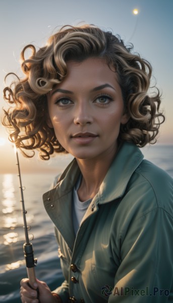 1girl,solo,looking at viewer,smile,short hair,brown hair,shirt,long sleeves,holding,brown eyes,jacket,white shirt,upper body,outdoors,parted lips,sky,artist name,signature,water,blurry,lips,coat,depth of field,blurry background,ocean,backlighting,freckles,curly hair,green jacket,realistic,nose,fishing rod,fishing,teeth,eyelashes,watermark,wind,web address,sunset