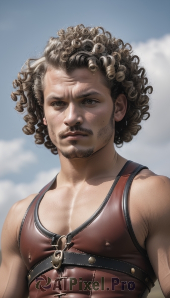 solo,brown hair,black hair,1boy,bare shoulders,brown eyes,closed mouth,upper body,male focus,outdoors,sky,day,cloud,blurry,covered nipples,blue sky,lips,blurry background,facial hair,pectorals,beard,curly hair,realistic,mustache,dreadlocks,afro,mole,muscular,tank top,veins,chest hair