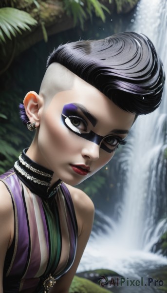 1girl,solo,breasts,looking at viewer,short hair,black hair,bare shoulders,brown eyes,jewelry,closed mouth,upper body,multicolored hair,earrings,small breasts,glasses,sleeveless,water,necklace,black eyes,two-tone hair,lips,makeup,piercing,lipstick,ear piercing,eyeshadow,realistic,nose,red lips,eyeliner,very short hair,undercut,waterfall,dress,choker,artist name,tree,eyelashes,domino mask